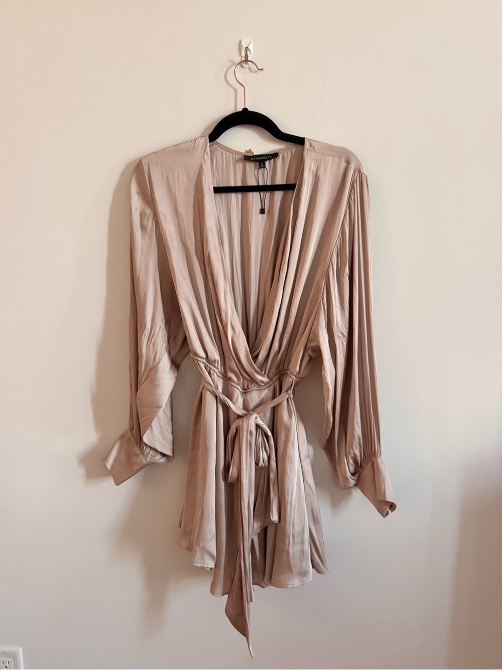 Dynamite Satin Wrap Romper in Blush Beige